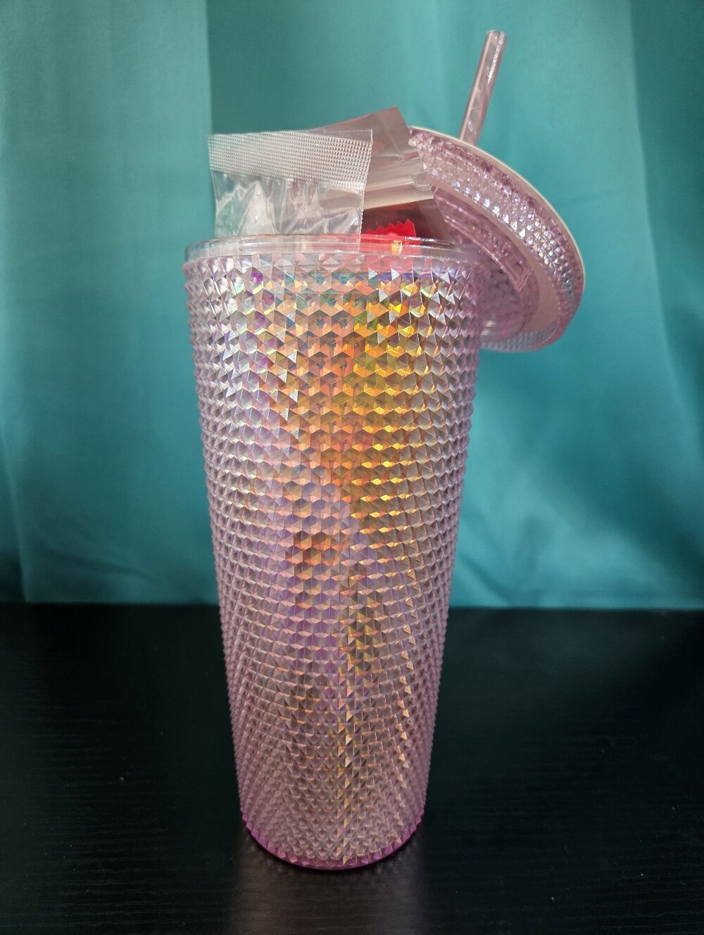 Feel Good Gifts-Iridescent Pink Studded Tumbler with Lid & Straw